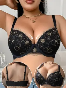 Women's Plus Size Lingerie, Colorblock Fashion Lace Flower Design with Steel Ring Push Up Bra, Soft Comfortable Underwear, Multiple Colors Available