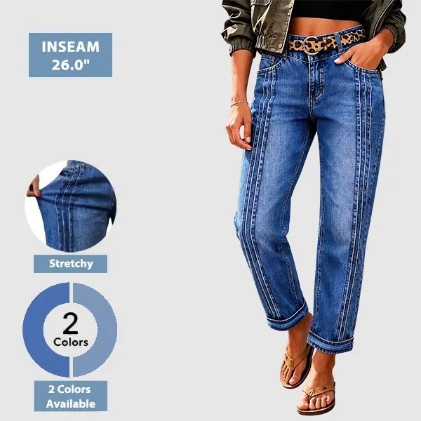 Flamingals Wash Pleated Roll Hem High Rise Straight Leg Jeans Womenswear