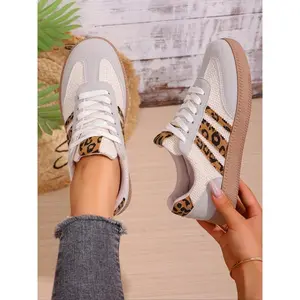 Women's Beige & Leopard Print Lace Up Sneakers, Casual Walking Shoes, Stylish Daily Commute & Outdoor Event Footwear, Comfortable Breathable Fashion Trainers, Versatile All Match Leisure Shoes, Lightweight Retro Style Running Shoes, Trendy Walking Sneaker