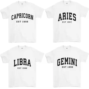 (LEAVE A NOTE OR DM SHOP) Gildan Custom Zodiac Tshirt with Est Year - White, Cute Horoscope Astrology Graphic Tshirt, Unisex Crewneck Tshirt, Personalized Zodiac Energy Gift for Birthday, Star Sign Lovers, Celestial Sweatshirt - AL