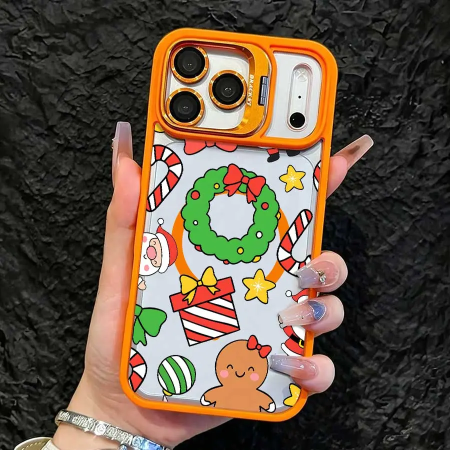 Shockproof Clear Phone Case with Orange Lens Bracket, Cute Prints of Christmas Wreath, Gingerbread Man, Candy Canes, Gift Boxes and Santa Claus, Fashion Versatile Protective Cover, Compatible with iPhone 17 Pro Max,16,16 Plus,15,14,13, Ideal Holiday Gift