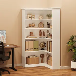 L-Shaped Corner Bookcase 72.8in 5-Tier Farmhouse Wooden Bookshelf Tall Open Storage Display Shelf Office Furniture Full Back Panel