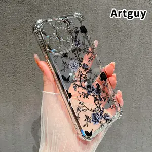Four Corner Anti-Fall Shadow Forest Peony Pattern Phone Case for iPhone 16 Pro Max 15 Plus 14 13 12 11 E Shockproof Transparent Electroplated Protective Cover