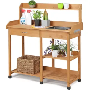 Yaheetech Potting Bench Outdoor Garden Work Bench Station Planting Solid Wood Construction for Horticulture w/Sink Drawer Rack Shelves