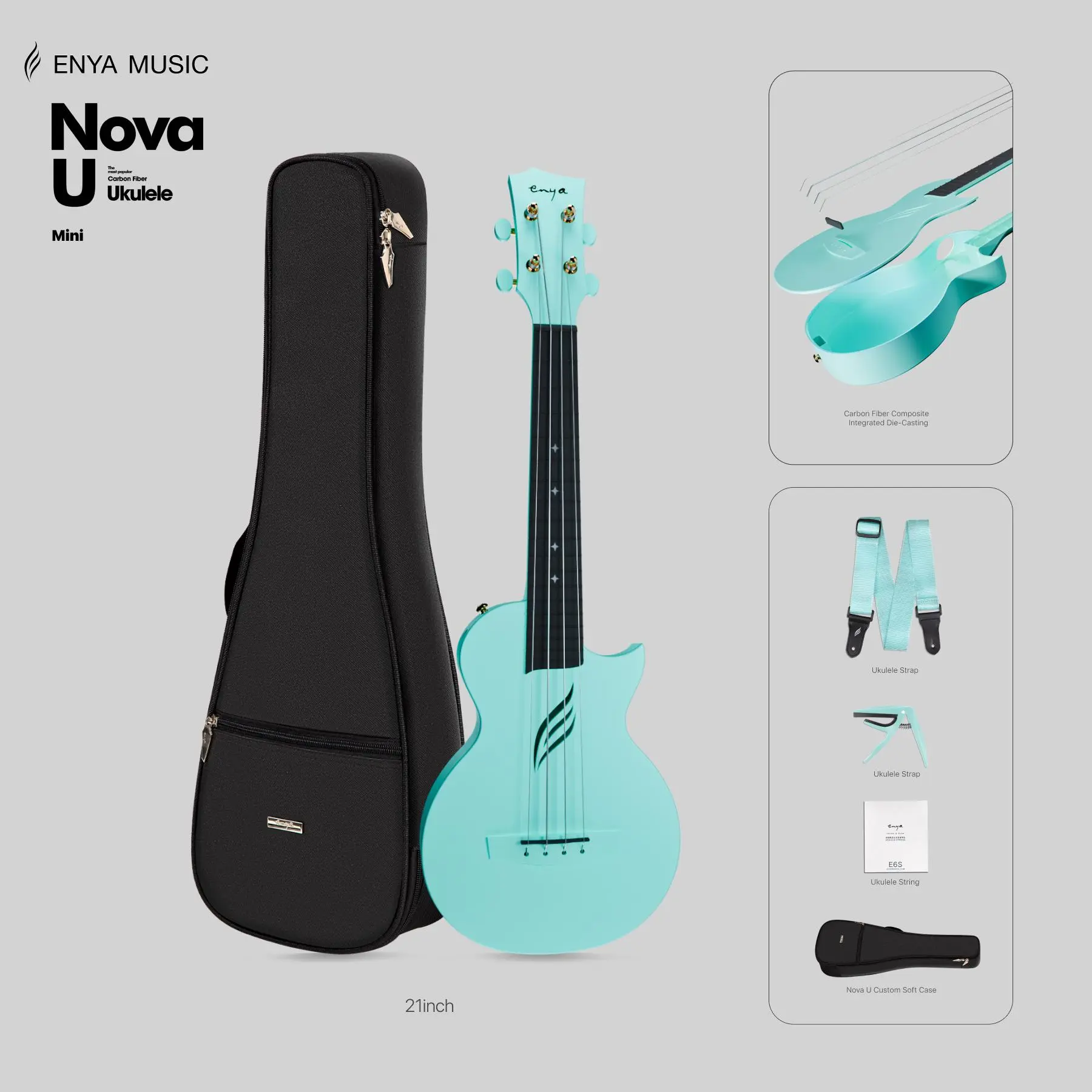 【Enya Nova U Mini Soprano Ukulele】 Carbon Fiber 21" - Waterproof Ultra Portable Travel Ukulele with Case, Strap, Capo & Strings - Beginner Kit for All Weather Performance  Christmas Gift, TikTokShopHolidayHaul