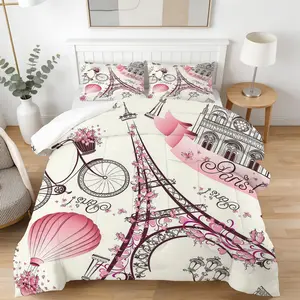 Paris Eiffel Tower Comforter Set, 2/3 Pieces (1 Comforter + 1/2 Pillowcases), Soft Plush, Romantic French Style, Pink Parisian Print, for Girls Teens Bedroom, All Seasons, Aesthetic Room Decor