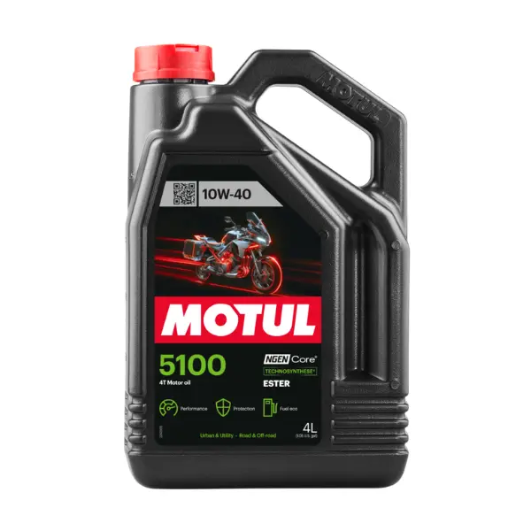 Motul 5100 4T 10W-40 Motorcycle Oil - Technosynthese Semi-Synthetic with Ester - API SP JASO MA2 Wet Clutch Safe - Smooth Shifting Engine and Gearbox Protection for Street ATV UTV 4 L
