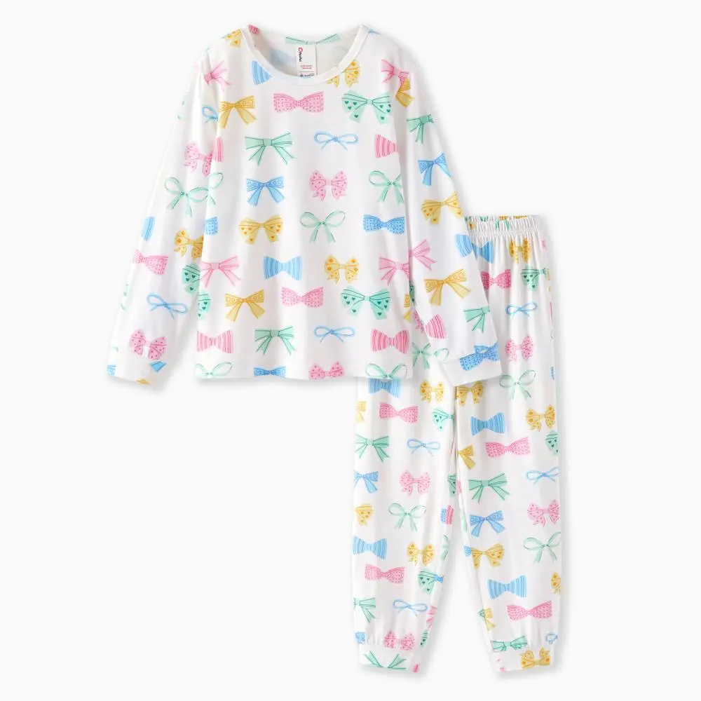 PatPat Bamboo Toddler Girl Bow Print Pajama Set Soft Breathable Long Sleeve Sleepwear Loungewear 2-Piece Outfit