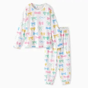 [LIVE Flash Sale] PatPat Bamboo Toddler Girl Bow Print Pajama Set Soft Breathable Long Sleeve Sleepwear Loungewear 2-Piece Outfit