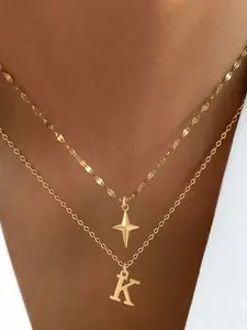 Women's Cross Initial Pendant Necklace Set, Stainless Steel Multi-Layer Chain, Fashionable Letter Design Jewelry