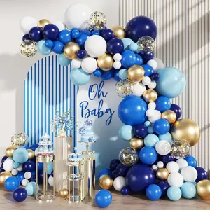 Oh Baby Blue & Gold Balloon Arch for Baby Shower Decorations with Confetti Balloons and Gold Accents