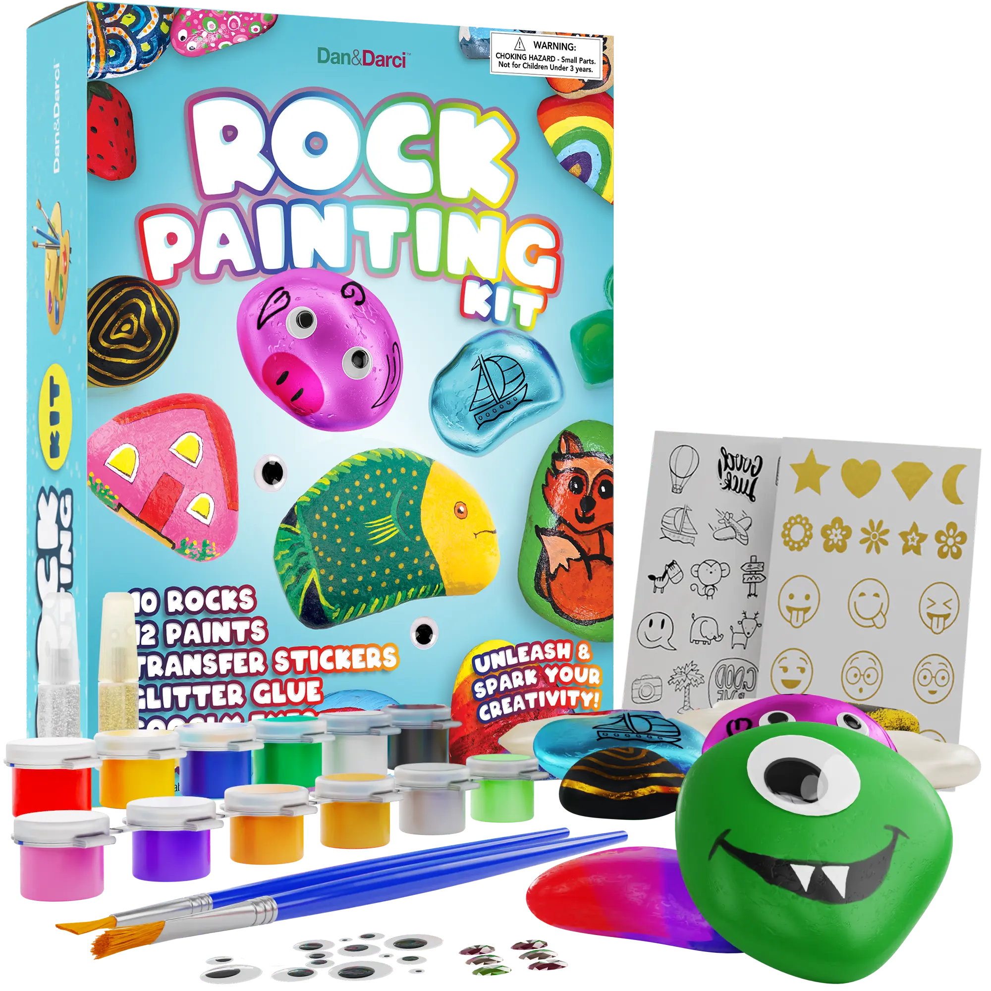 Dan&Darci Rock Painting Kit for Kids 10 River Rocks Metallic & Standard Paints Glitter Glue Stickers Gems Googly Eyes Creative Art Set