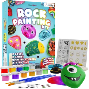 Dan&Darci Rock Painting Kit for Kids 10 River Rocks Metallic & Standard Paints Glitter Glue Stickers Gems Googly Eyes Creative Art Set