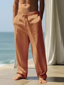 Men's Linen Drawstring Long Pants, Pure Color Knit Fabric, Versatile Casual Clothing, Perfect for Daily Wear & Weekend Outings, Yoga Beach Shorts