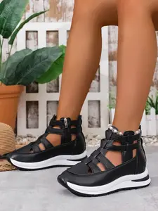 Summer Women's Multi-Band Hollow Out Structure Breathable Casual Flat Sandals, Casual Lightweight Shoes with Side Zipper, Comfortable Daily Wear Lightweight Strappy Sandals
