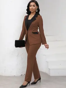 European Style New Women's 2-Piece Set, Fashionable Elegant Formal Simple Autumn Winter Color-Blocking Suit, Includes Slim Fit Straight Pants