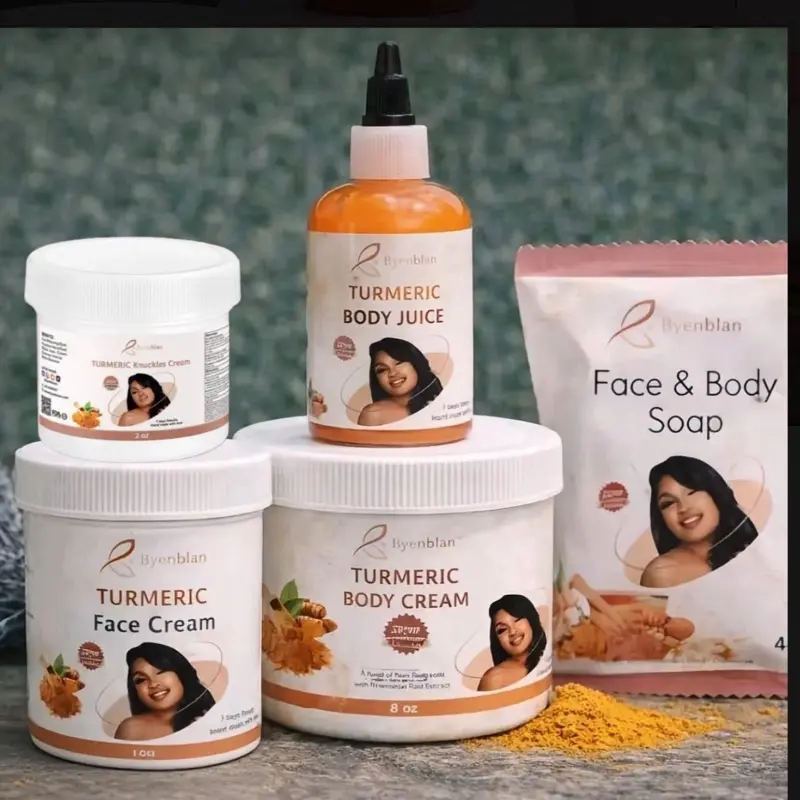 Byenblan Turmeric Full Skincare Set - 8oz Body Cream, 4oz Face Cream, 4oz Smoothie, 2oz Knuckle Treatment, 7oz Face & Body Soap