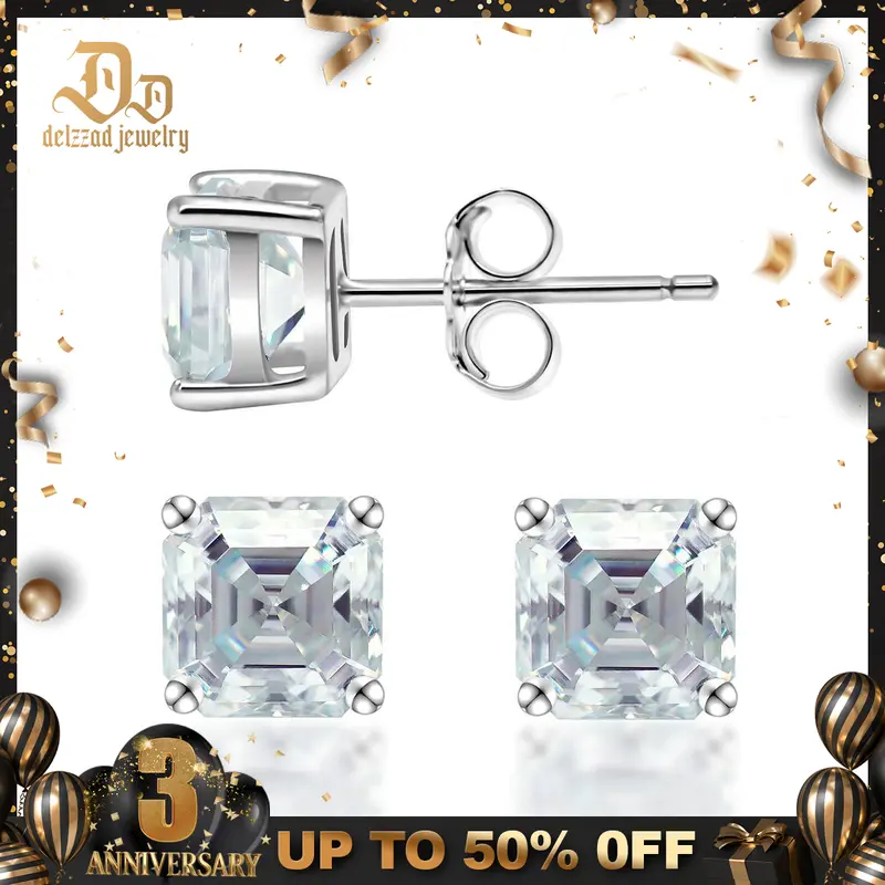 Delzzad Asscher Cut Synthetic Moissanite Prong Stud Earrings S925 Studs Christmas Gift for Men Women