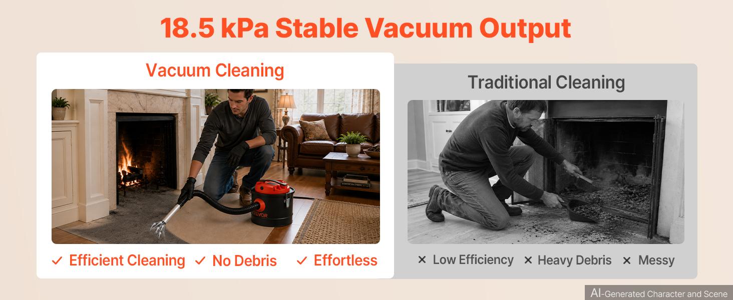 VEVOR Ash Vacuum 2.6 Gallon, 1200W Powerful Fireplace Cleaner Steel Body, for Fireplace, Pellet Stoves, Wood Stoves, Fire Pit, Grills, Double Stage Filtration System, 2.7 FT Hose, Black & Orange