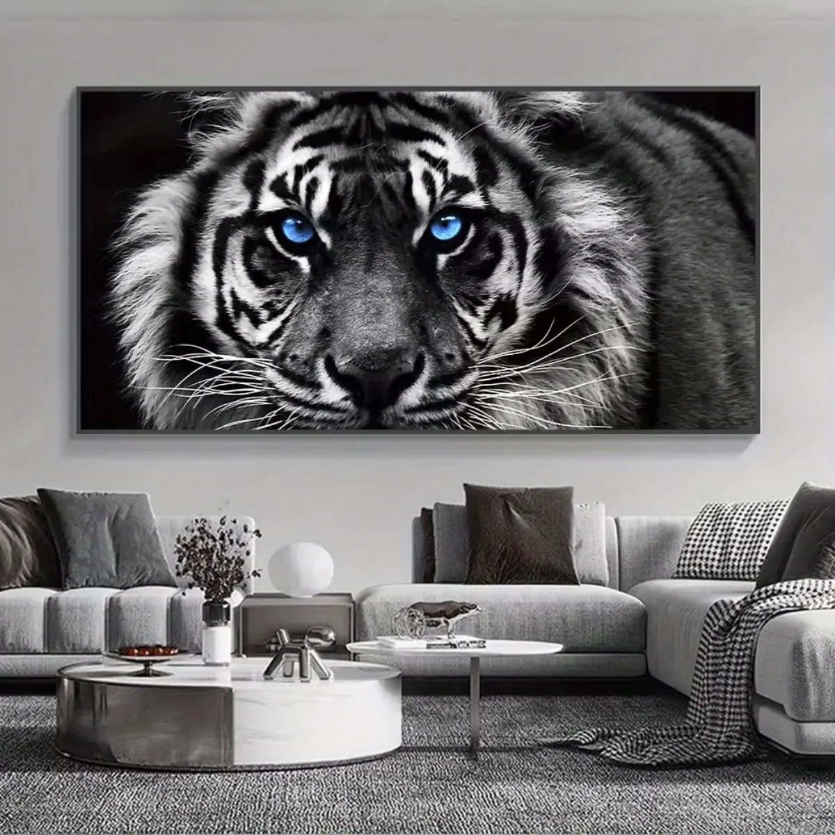 Blue-Eyed Tiger Canvas Art Print - Modern Black & White Animal Wall Decor, Frameless Poster for Living Room, Bedroom Room Decor Home Supplies