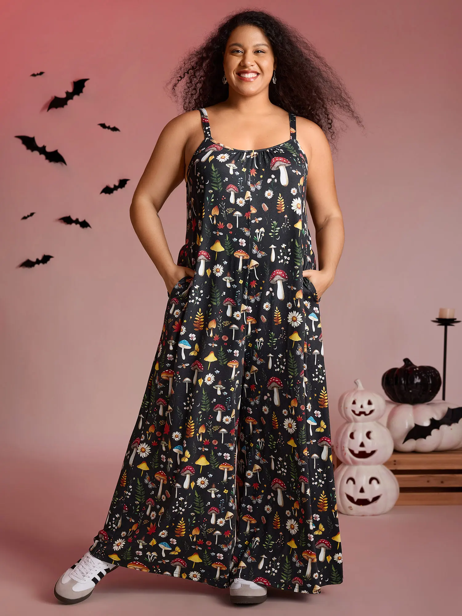 BLOOMCHIC Plus Sized Women's Halloween Mushroom Print Square Neckline Sleeveless Fitted Cami Jumpsuit - Side Seam Pockets, Maxi Length Below Ankle, Bohemian Halloween Outfit Ideas