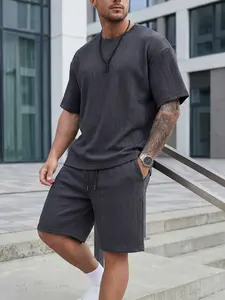 Men's Youth Textured Casual Vacation Outdoor Round Neck Loose Fit T-Shirt + Drawstring Shorts, Short Sleeve, Fitted, Plain, Contrast Binding