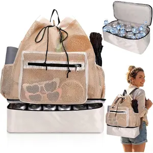 Sandproof Leakproof Mesh Beach Drawstring Backpack with Cooler, Zipper Swim Bag Perfect for Seaside Pool Daily Travel Vacation