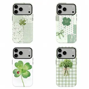 Green Clover Gingham Patchwork Phone Case|Clover & Ladybug Phone Case|Pastel Green Lucky Aesthetic Protective Cover For iPhone 17 Pro Max 16 15 14 13 12 11 for Samsung S21 S22 S23 S24 S25 S26 Phone Case|Tough Phone Case|gift for him for her|Best Gift