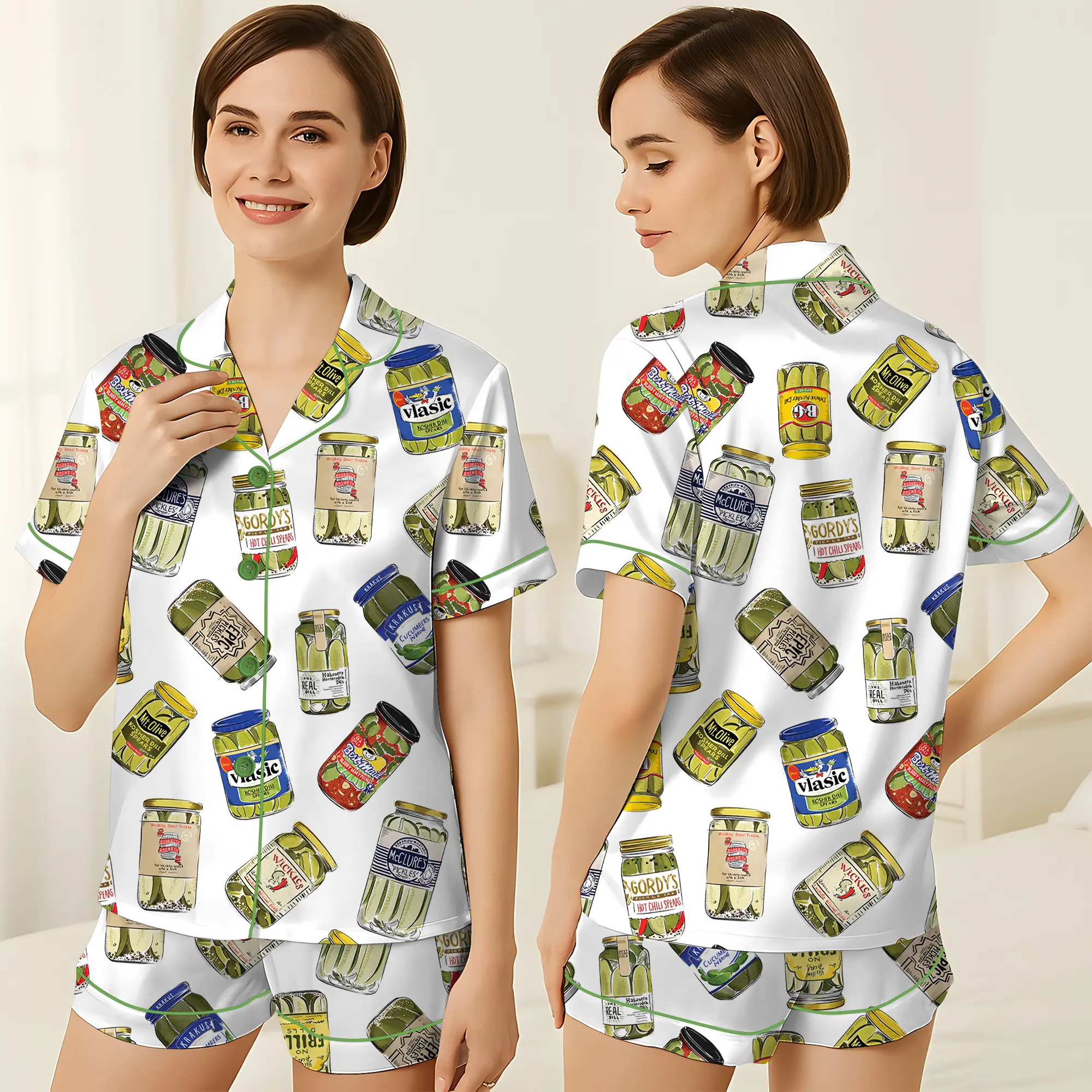 Pickle Pajamas Set, Canned Pickles Satin Pajamas, Dill Pickle Lover Gift, Homemade Pickle PJ Shorts Set, Pickle Jar Pajama, Foodie Nightwear