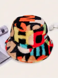 Unisex Color Block Fuzzy Bucket Hat, Thick Plush Fabric with Geometric Pattern for Street Style and Outdoor Sun Protection