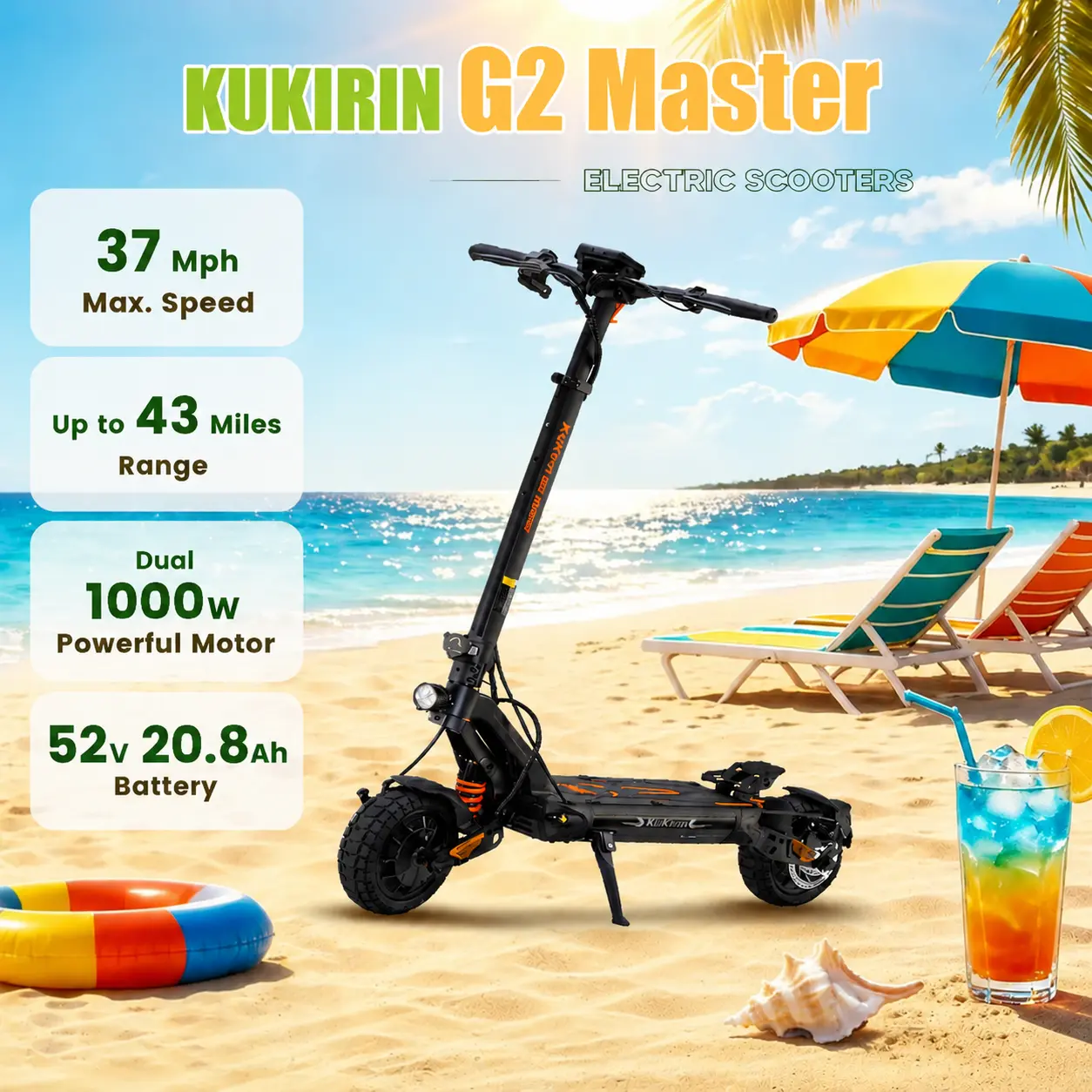 KUKIRIN G2 Master Adult Folding Electric Scooter - 1081WH Power, Dual 1000W Motors, Quadruple Shock Absorption, 43 mi Range, 10'' Off-Road Puncture-Proof Solid Tires, 40 MPH Max Speed, Portable foldable commuter Outdoor Sports e-scooter electric scooter