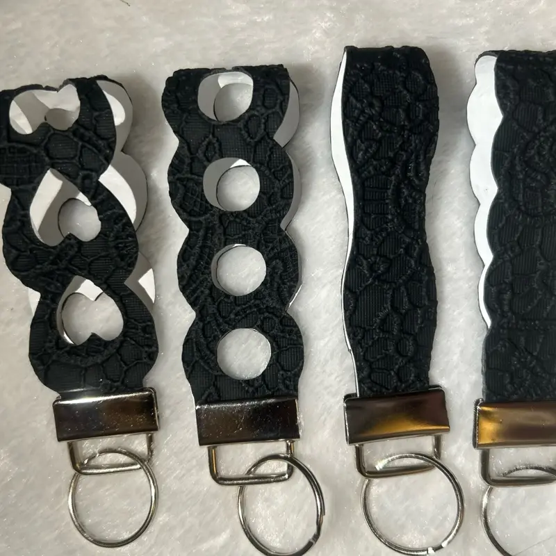 Leather Lanyard Keychains with Lace Texture - Black Key Fobs with Metal Rings and Buckles Black/White Black/Pink Mauve/White Ivory/Pink Red/Black