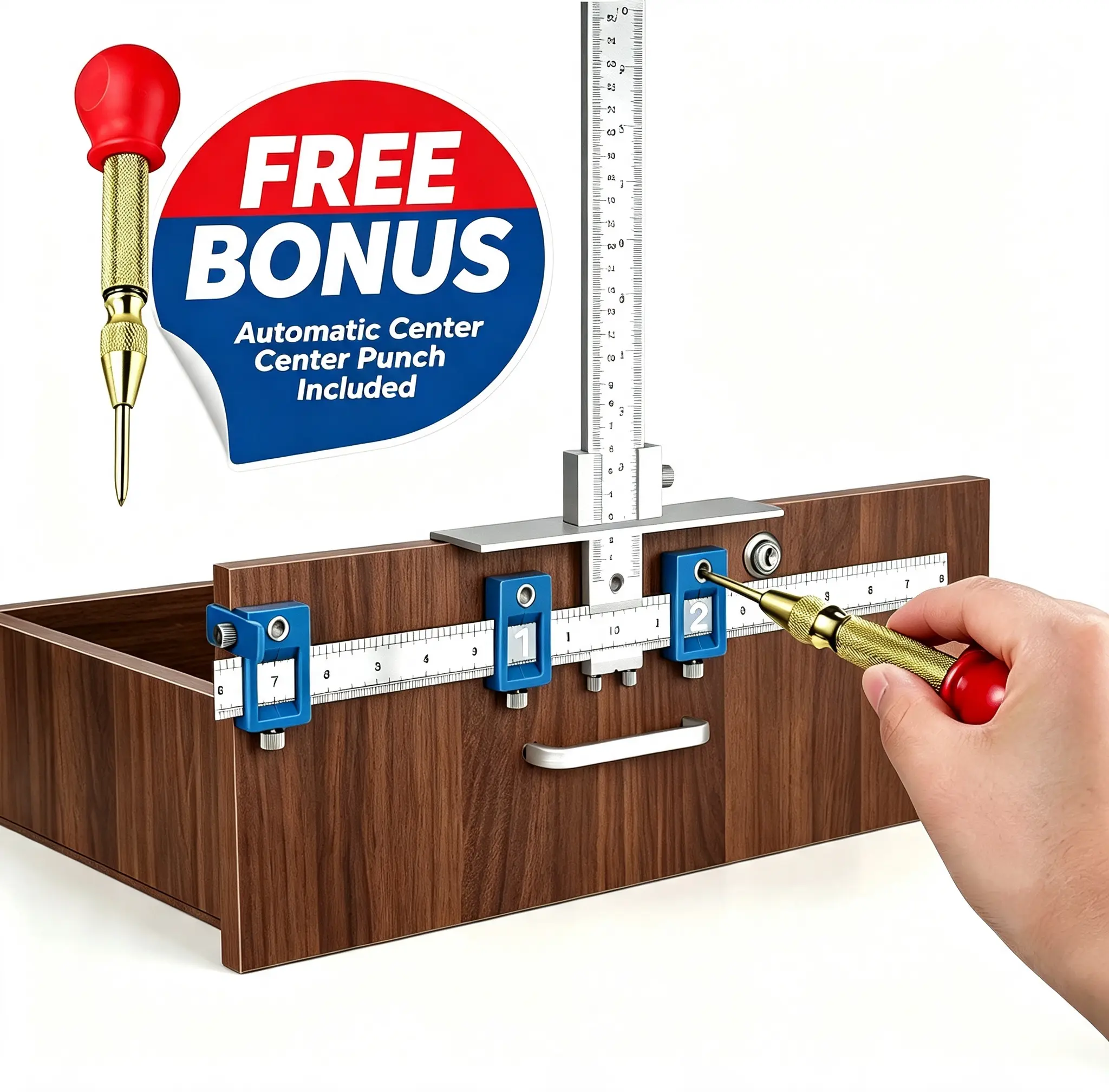 Aluminum Cabinet Hardware Jig with Automatic Center Punch Set, Drill Template for Cabinet Knobs, Handles & Drawer Pulls, Woodworking Hole Locator
