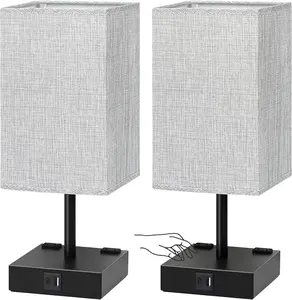 Bedside Table Lamps Set of 2 - Touch Nightstand Lamp for Bedroom with USB C+A Charging Ports & AC Outlets, 3-Way Dimmable Desk Lamp Grey Fabric Shade for Bedroom Living Room, Office(Bulb Included) - Amazon.com