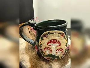 Hand Sculpted Mushroom Mug: Stoneware Clay, Thumb Rest