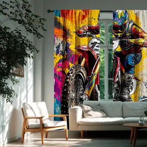 2pcs Cool Off-Road Motorcycle Curtains, Graffiti Colorful Bike Print, Boys' Room Bedroom Decor, High-Quality Polyester, Home Decoration