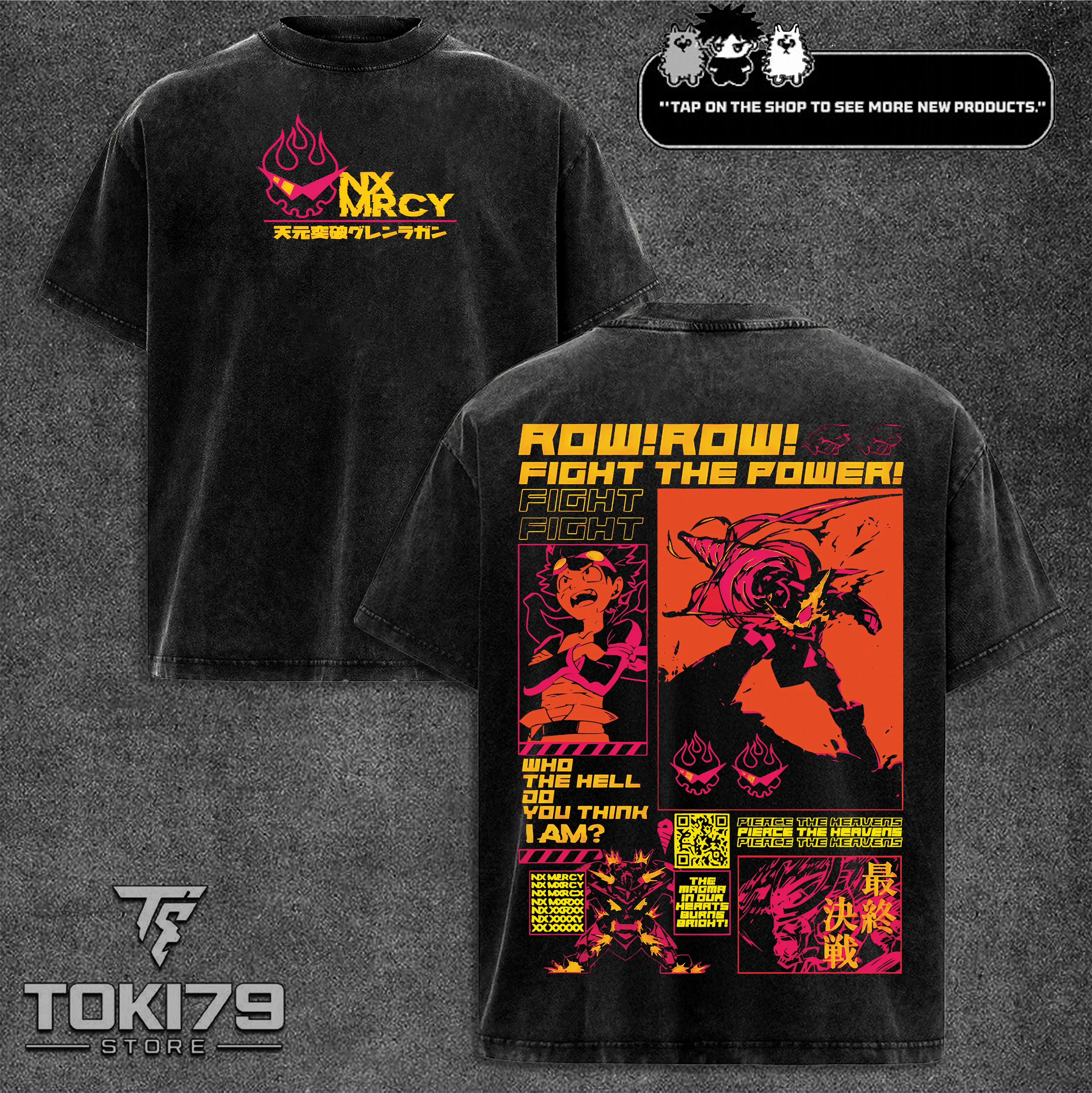 Gurren Lagann “Row! Row! Fight the Power!” Tee – Acid Washed Lightweight Cotton, Double Printed Flaming Skull Crest Front, Mecha Rebellion Back Graphic, Anime Streetwear for TTGL Fans, Spiral Energy Collectors