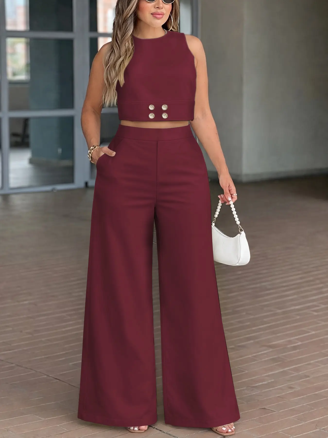TikTok Viral Spring Summer Two Piece Set for Women, Cropped Sleeveless Top and High Waist Wide Leg Trouser Pants with Pockets, Chic Minimal Outfit for Vacation, Brunch and Day to Night Wear, Clothes, Womenswear