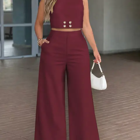 TikTok Viral Spring Summer Two Piece Set for Women, Cropped Sleeveless Top and High Waist Wide Leg Pants with Pockets, Casual Chic Set, Chic Minimal Outfit for Vacation, Brunch and Day to Night Wear, Clothes, Womenswear