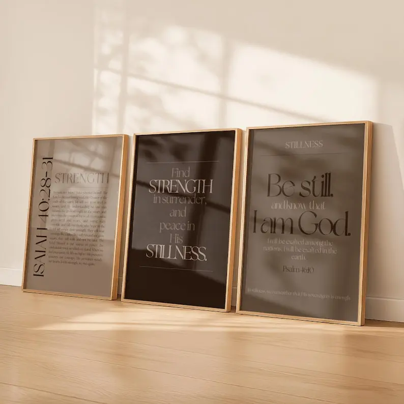 Neutral Christian Wall Art Set of 3 | Strength & Stillness Bible Verse Poster Unframed  s | Minimalist Earth Tone Scripture Decor | Faith Poster Unframed  able Set