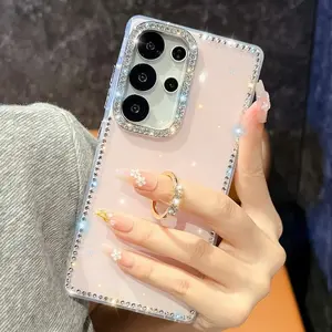 With Ring Holder Bright Diamond Shiny Case Casing For Samsung S24 FE S25 Plus S23 Ultra A16 A17 A07 A26 A36 A56 A15 A35 A55 5G Aurora Sequin Cover, Shockproof Protector