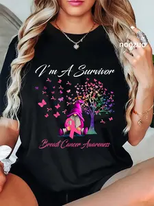 100% Cotton Unisex Funny Gnomes I'm A Survivor Breast Cancer Awareness T-Shirt