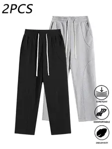 2-Pack Men's Solid Loose Straight Casual Pants,Unisex Versatile Sports Trousers,Plain Sweatpants,Structured Seam Splicing Design,For Daily Wear,Commute,For Fall Menswear,available in 2 pack & 1-pack options,Please place an order according to size chart