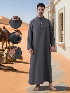 Men's Plain Stand Collar Long Robe, Loose-Fitting Breathable Casual Outerwear, Deep Large Size Men's Clothing, All Seasons Traditional Style