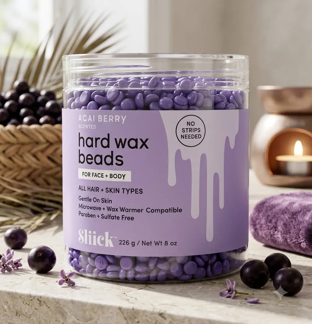 Sliick Acai Berry Hard Wax Beads for Face & Body Hair Removal, At-Home Waxing, No-Strip Formula, Sulfate-Free & Paraben-Free, 8 Oz