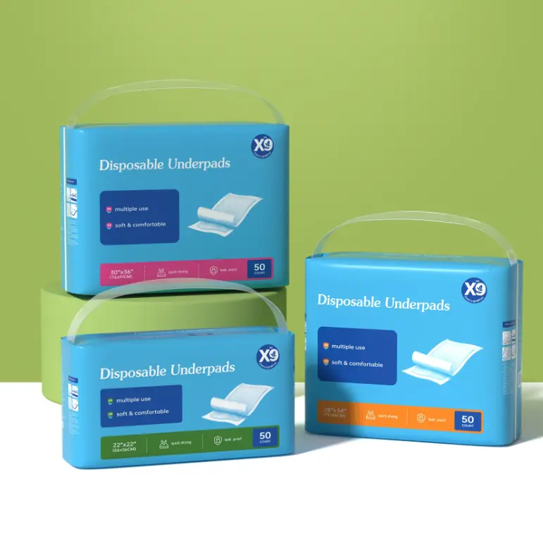 X9 Disposable Underpads, Super Absorbent Incontinence Bed Pads for Elderly & All Skin Types, Fragrance-Free and Chlorine-Free, Available in 3 Sizes including 76x91 cm, 76*91 Cm, 50 Pads/Pack, Multi-Size, 56*56 Cm