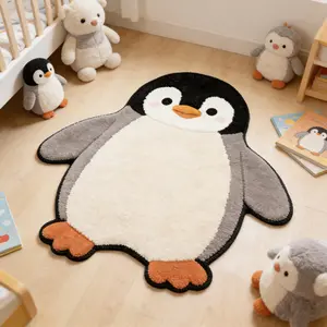Adorable Irregular Penguin Pattern Carpet Mat, Large Living Room Bedroom Rug, Sweet Modern Simple Style, Washable Plush Rug