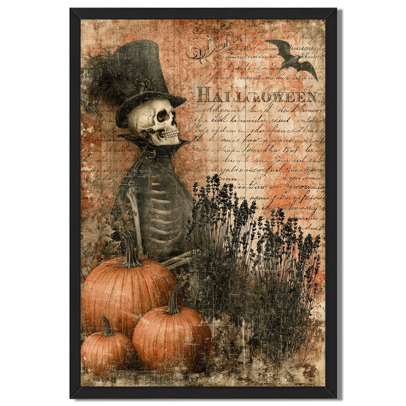 Framed Vintage Gothic Halloween Skeleton Canvas Art, Rustic Bat & Pumpkin Wall Decor for Bedroom