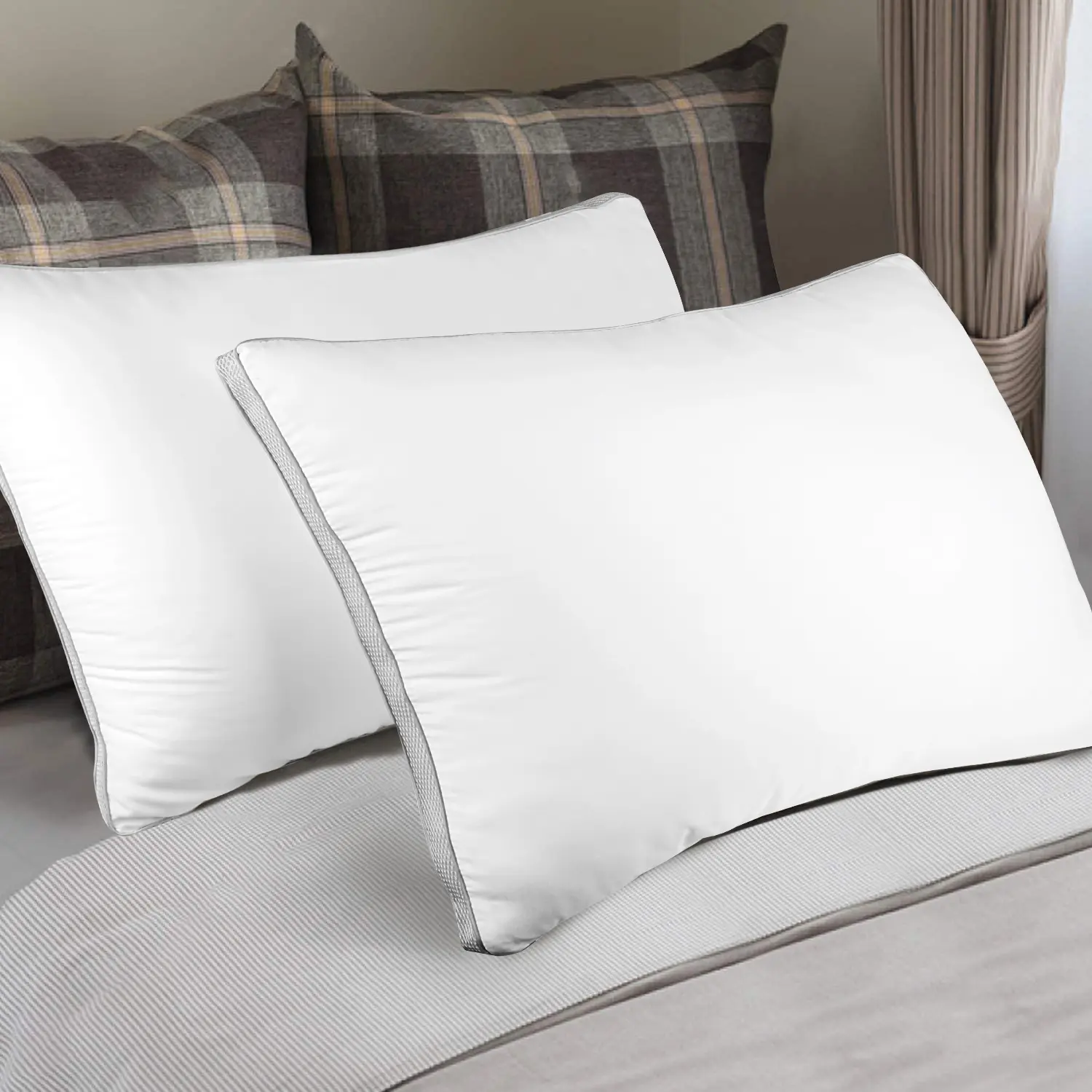 2-Pack 100% Cotton Luxury Hotel Standard Sleeping Pillows, Down-Alternative Microfiber Filled, Supportive Fluffy, Breathable Skin-Friendly for Back Sleepers