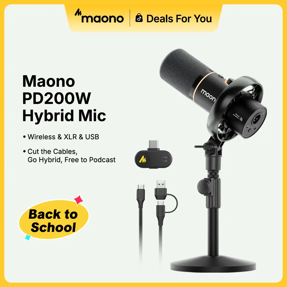 【Back To School】Maono PD200W Hybrid Wireless-Wired USB Streaming Mic - USB-XLR Connectivity, Cable, Adapter, Receiver, Noise Cancelling Audio, Table Mount for PC, Laptop, Smartphone, Camera - Ideal for Content Creators, Cordless, Pc/Smartphone